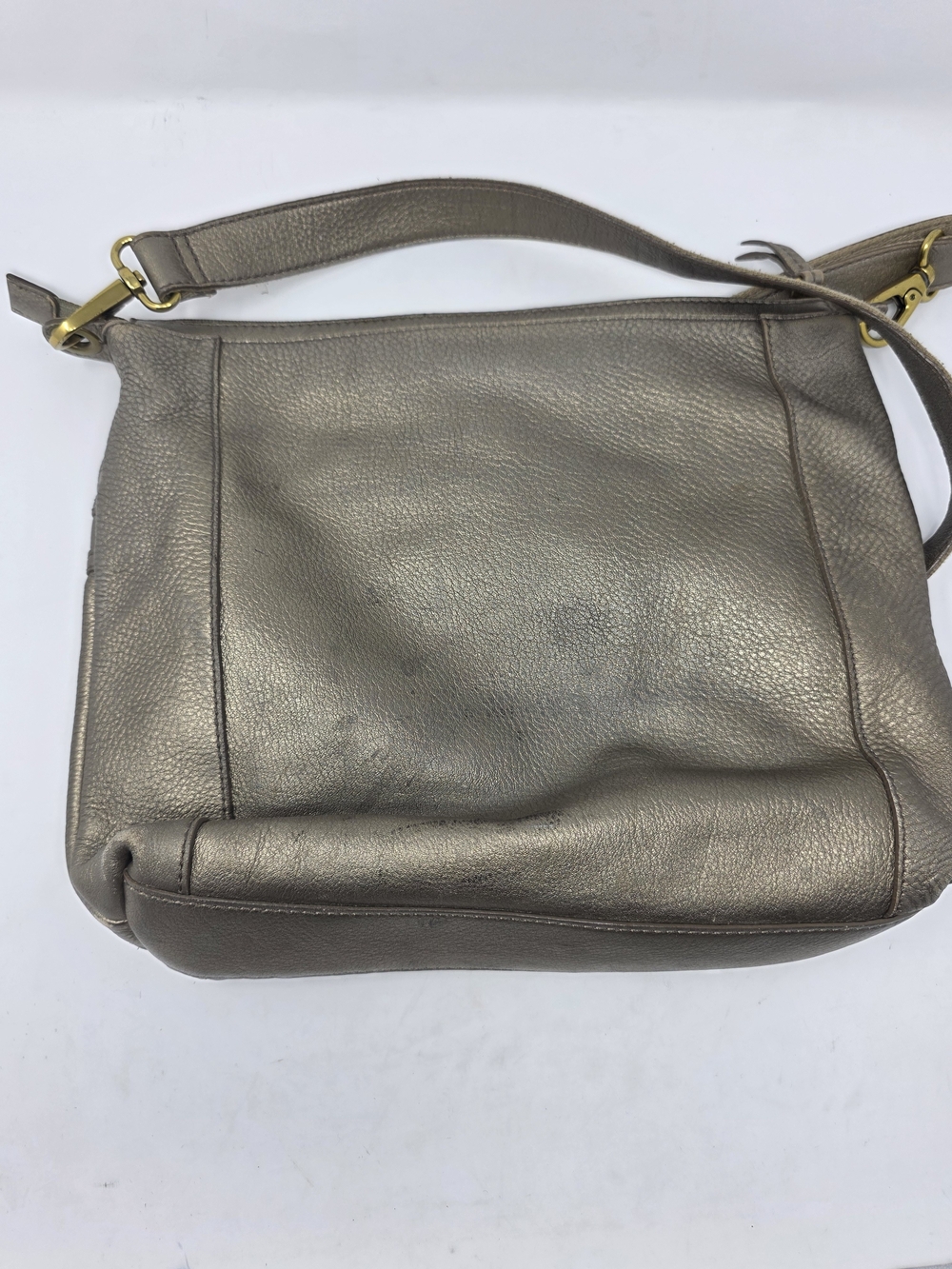 Fossil Metallic Leather Crossbody Bag Pewter Bronze Multi Pocket Shoulder Purse - Picture 5 of 6